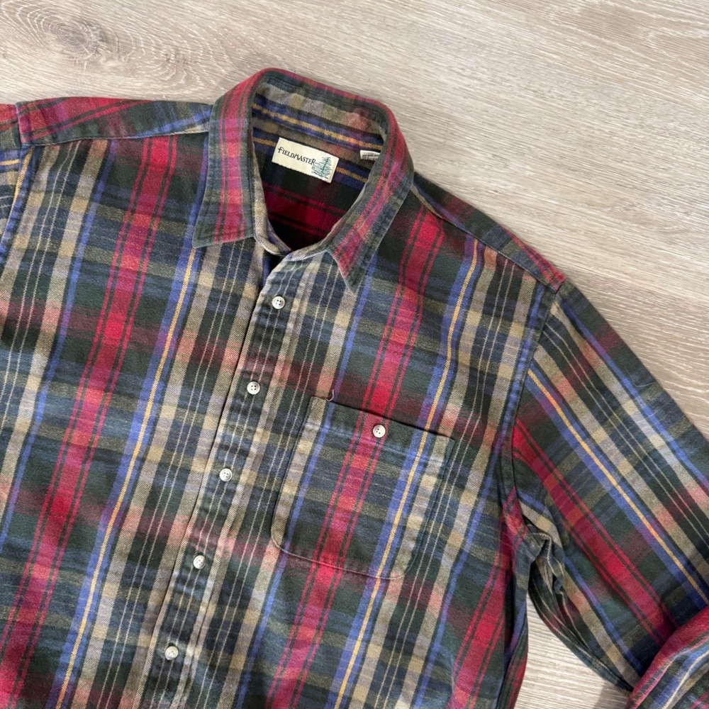 Vtg Fieldmaster Flannel Shirt Mens XL Multicolor Plaid Long Sleeve Button Up